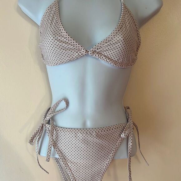 Cream and Black Micro Polka Dot String Bikini Sz OS - Picture 2 of 3